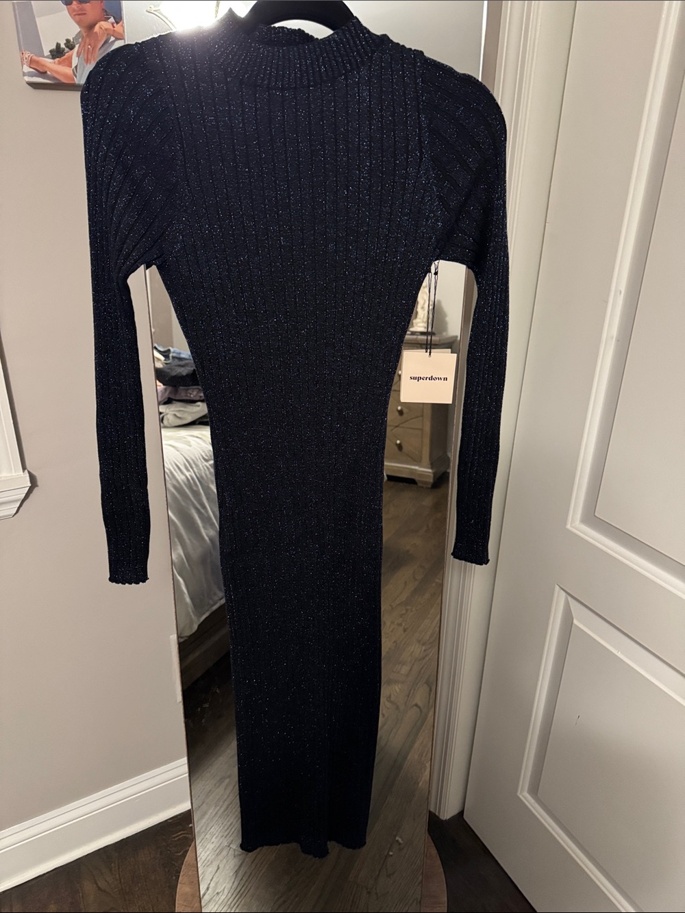 superdown Navy Sparkle Ribbed Long Sleeve Midi Dress